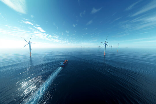 Boat sailing through a wind farm at sea