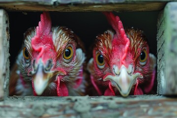 Close-up of two curious chickens peeking through a square opening in a wooden structure, displaying their vibrant red combs and clear eyes
