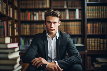 Generative AI photo of attractive clever smart student in library against bookshelf - obrazy, fototapety, plakaty