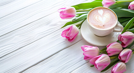 A cup of coffee with latte art in the shape of a heart, pink tulips