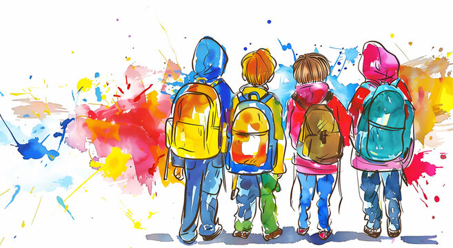 A colorful drawing of four children with backpacks