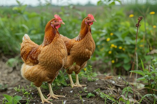 Vibrant image of two hens walking freely in a farmyard, with focus on their bright feathers and lively expressions