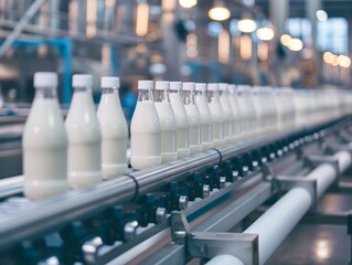 Milk bottles on a conveyor belt in an industrial setting with soft lighting.