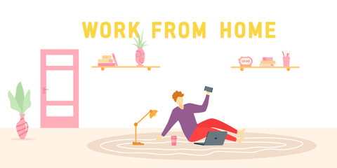 Work from home, coworking, concept illustration. Young people, men and women, are freelancers working on laptops and computers at home. Flat style vector illustration