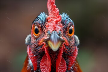 Close-up shot of a rooster gazing into the camera, showcasing its vibrant red and orange plumage and detailed facial features - obrazy, fototapety, plakaty