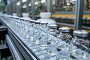 Medical Ampoule vial Production Line at Modern Pharmaceutical Factory.  Medication Manufacturing Process.