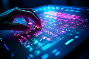 Closeup macro picture of modern led lights effect keyboard for programming job Generation AI - obrazy, fototapety, plakaty