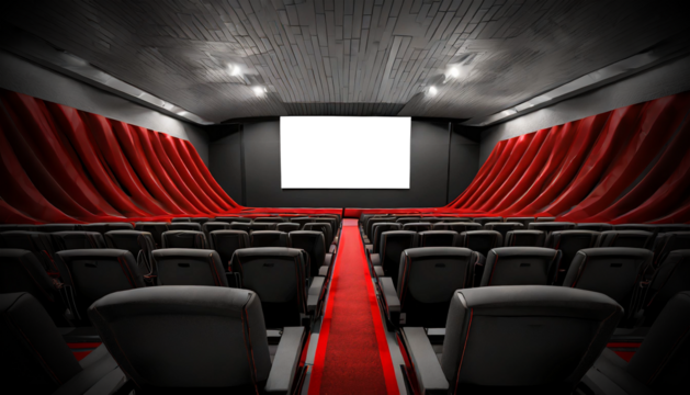 Movie theater with black and red cinema seats and empty screen with copy space, isolated on white or transparent background, png. Generative Ai.