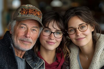 An affectionate family portrait of a senior man with his adult daughters wearing cozy knits - obrazy, fototapety, plakaty