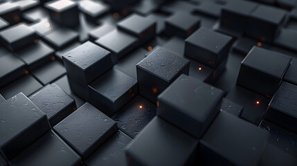 This image presents a perfect array of dark cubes, softly illuminated with a warm, fire-like glow, with the presence of water drops - obrazy, fototapety, plakaty