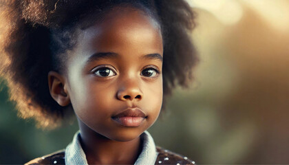 Close up no rosto de uma criança com expressão de contemplação, menina negra, com fundo desfocado.
