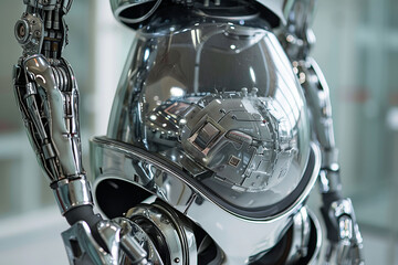 Close-up cropped image of a pregnant cyborg woman on a light background