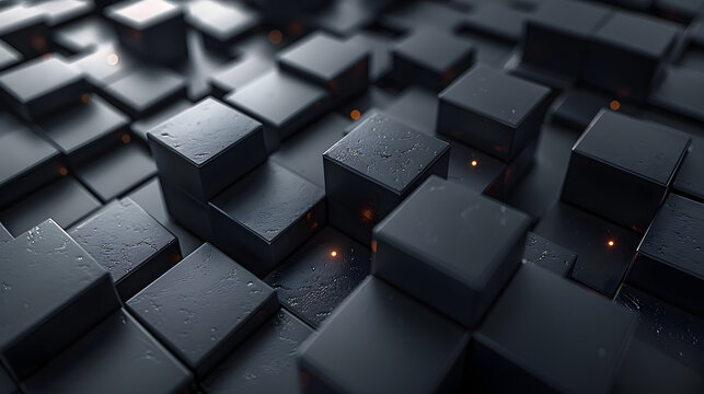 This image presents a perfect array of dark cubes, softly illuminated with a warm, fire-like glow, with the presence of water drops