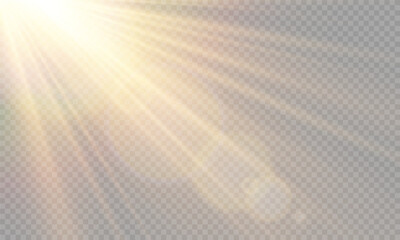 Sunlight with special lens flare effect. Sun, Sunrays, and Glare in PNG Format. Gold Flare and Glare.