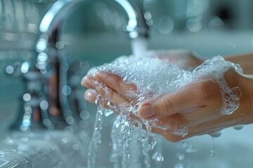 Fototapeta premium A macro shot of hands being washed under a stream of running water, showcasing bubbles and clarity
