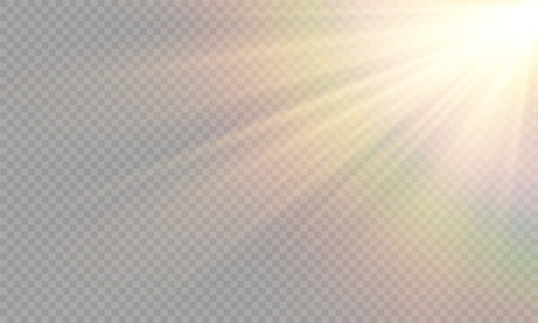 Sunlight with special lens flare effect. Sun, Sunrays, and Glare in PNG Format. Gold Flare and Glare.