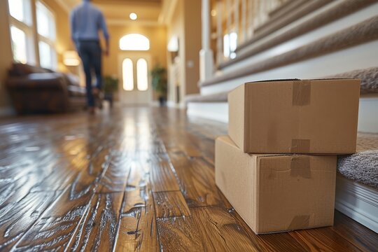 Ground level view of packed boxes in a spacious home's hallway, symbolizing moving or relocation