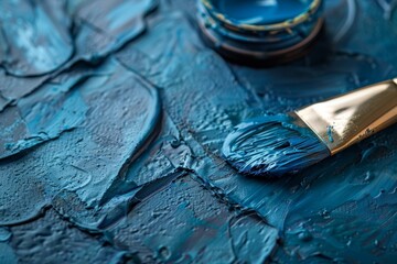 Macro shot of a paintbrush with vivid blue oil paint on the textured canvas surface