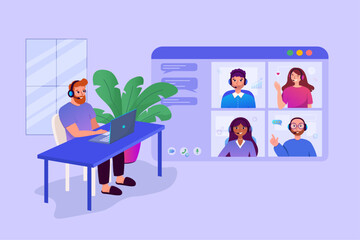 A man in a home office uses a laptop for collective virtual team building or group video conference with clients, colleagues. A man wearing headphones at his desk talks with colleagues online.