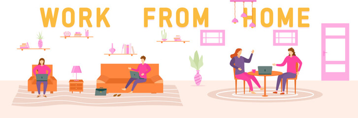 Work from home, coworking, concept illustration. Young people, men and women, are freelancers working on laptops and computers at home. Flat style vector illustration