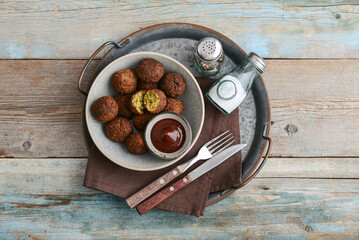 Falafel plate with spice and souce on metal tray - 764036969