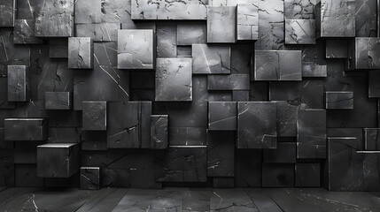 An artistic image displaying black cubes with a cracked and aged texture creating an abstract arrangement