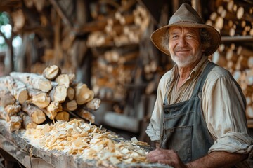 Portrait of an elderly male woodworker amongst a background of wooden crafts, tools, and shavings - obrazy, fototapety, plakaty