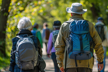 Active recreation in adulthood: Elderly people with backpacks go hiking
