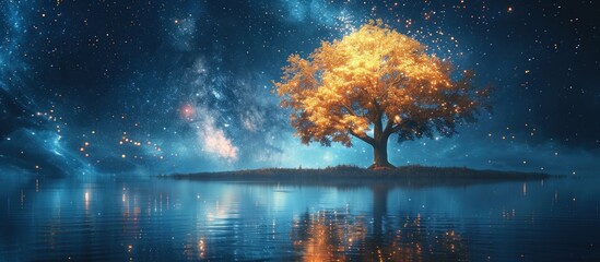 meditation relaxation concept with glowing golden fireflies - obrazy, fototapety, plakaty