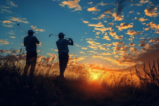 Two golfers in mid-swing enjoying a game during a captivating sunset with clouds painted across the sky