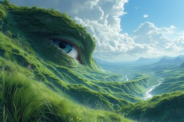 A vast green landscape, dotted with lush grass and towering mountains, is watched over by a single large eye in the sky, its piercing gaze a reminder of the ever-present force of nature
