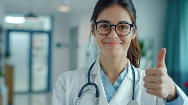 Affirmative Female Doctor With Thumbs-Up In Clinic. A Smiling Female Doctor In Spectacles Gives A Thumbs-up Gesture, Indicative Of Positive Outcomes And Satisfaction In A Healthcare Setting.