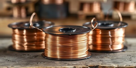 Essential spools of copper welding wire for metal fabrication and repairs. Concept Copper Welding Wire, Metal Fabrication, Repair Work, Essential Tools, Welding Supplies - obrazy, fototapety, plakaty