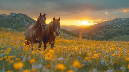 Wild horses on clean alpine meadows - obrazy, fototapety, plakaty