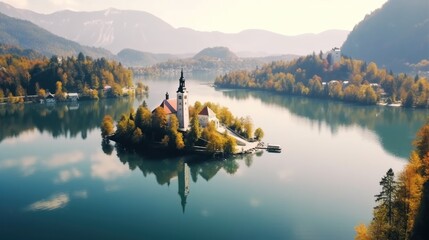 Banner of lake Bled in Slovenia. Charming autumn panorama landscape of island with church rounded colorful trees in the middle of Bled lake.
