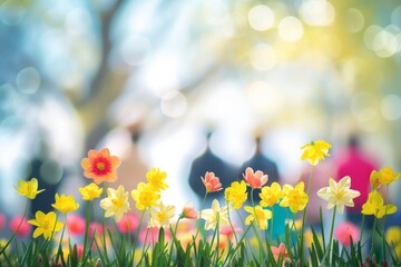 春のお花と楽しそうな人々（4月・お花見・春爛漫）