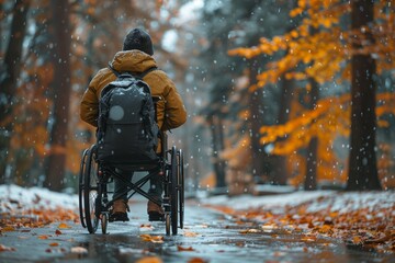 A solitary figure facing away, in a wheelchair amidst a beautiful snowy forest landscape showing...