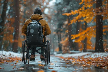 Foto op Aluminium A solitary figure facing away, in a wheelchair amidst a beautiful snowy forest landscape showing the tranquility of nature © svastix