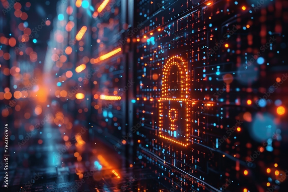 Poster a series of binary digits entering into an electronic security mechanism illustrating data protectio