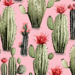 pink cactus flowers, peach color, watercolor banner illustration, background, pattern