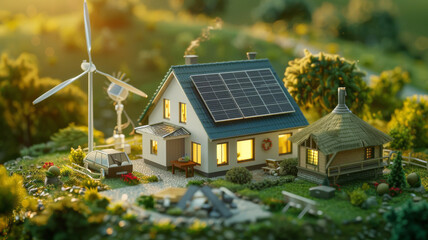 Idyllic Eco Home with Wind Turbine and Lush Greenery at Sunset.
