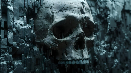 A haunting image featuring a human skull centered among textured cubes, shrouded in blue hues, evoking mortality and chaos - obrazy, fototapety, plakaty