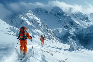Two adventurous mountaineers climbing a snowy peak with determination and resilience against the rugged mountain backdrop