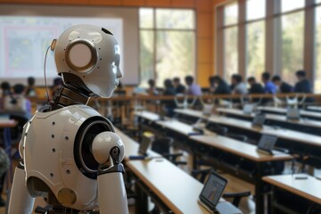 A classroom setting where an AI tutor assists students with their studies