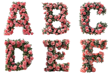 Carnation Alphabet Display: Pink carnations forming letters A, B, C, D, E, F on transparent background