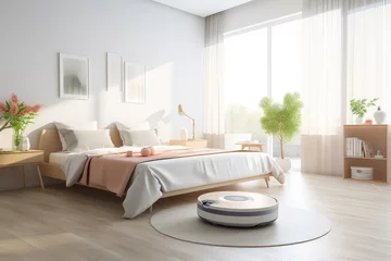 Fotobehang Autonomous vacuum cleaner tidies modern sunlit bedroom © gankevstock