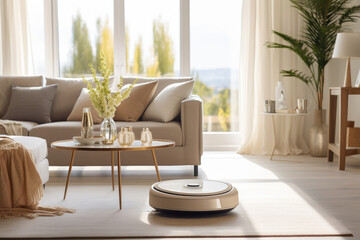 Modern robot vacuum cleaner tidying a sunny living room