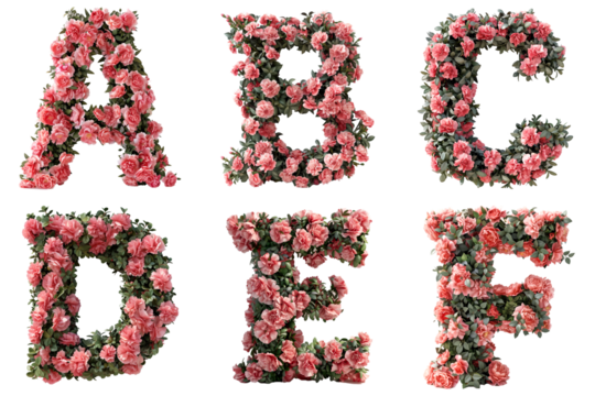 Carnation Alphabet Display: Pink carnations forming letters A, B, C, D, E, F on transparent background