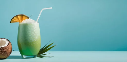 Gordijnen Cold green juice drink, summer drink, alcohol drink, fresh ice cold drink, blue color background © sonderstock
