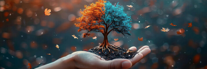 Metamorphosis of Seasons. A surreal depiction of a miniature tree held in a hand, half ablaze with autumnal fire, half frosted with a wintry chill, symbolizing the cyclic beauty of the seasons. - obrazy, fototapety, plakaty